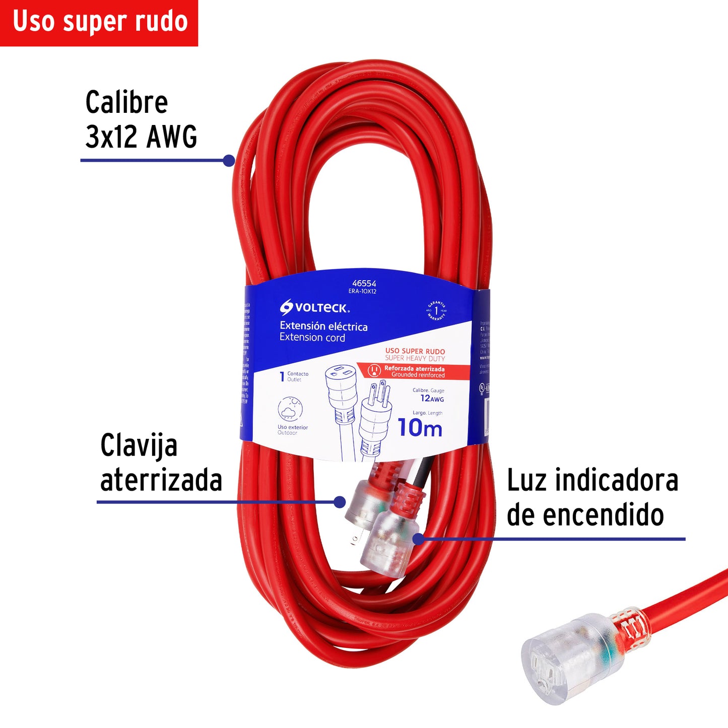 EXTENSIÓN REFORZADA ATERRIZADA 10 M 3X12 AWG, VOLTECK 46554 *