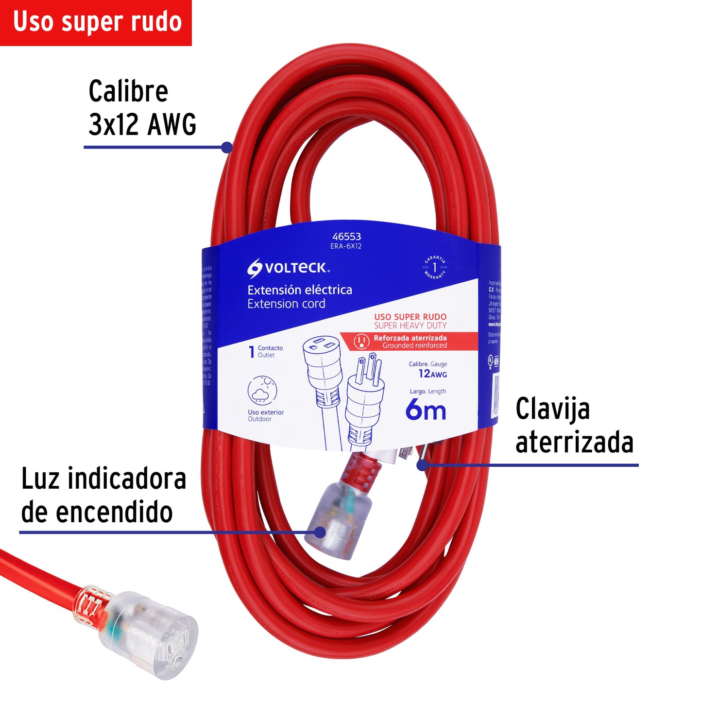 EXTENSIÓN REFORZADA ATERRIZADA 6 M 3X12 AWG, VOLTECK 46553 *