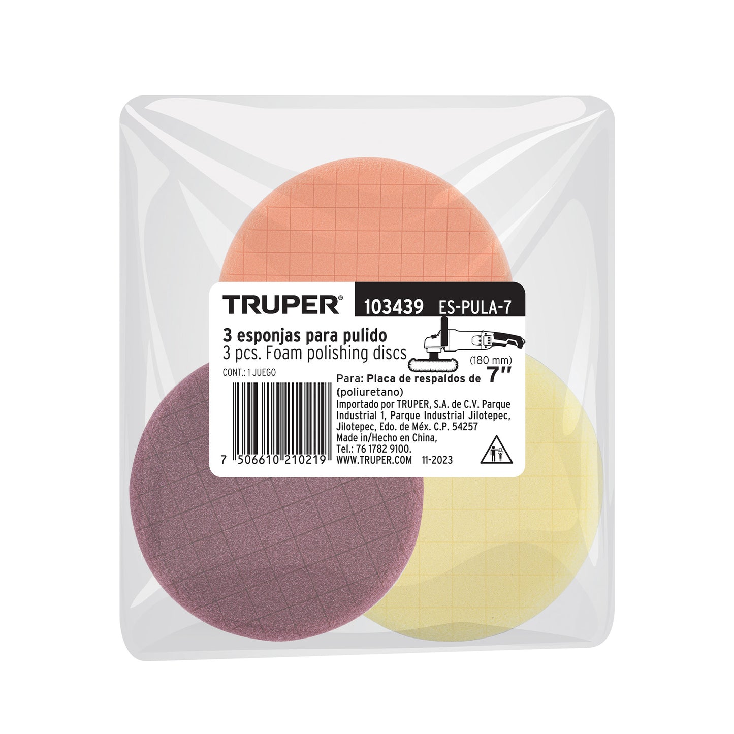 JUEGO DE 3 ESPONJAS P/PULIR DE 7" HOOK AND LOOP TRUPER 103439 P