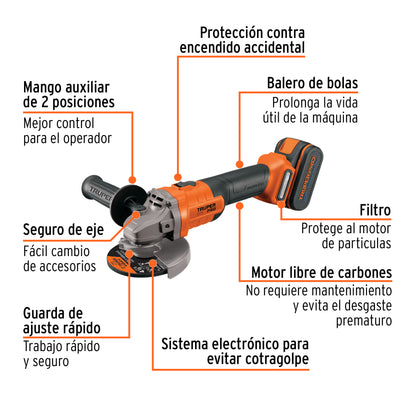 ESMERILADORA ANGULAR INALAMBRICA 4-1/2'' 20V TRUPER PRO 102872 *