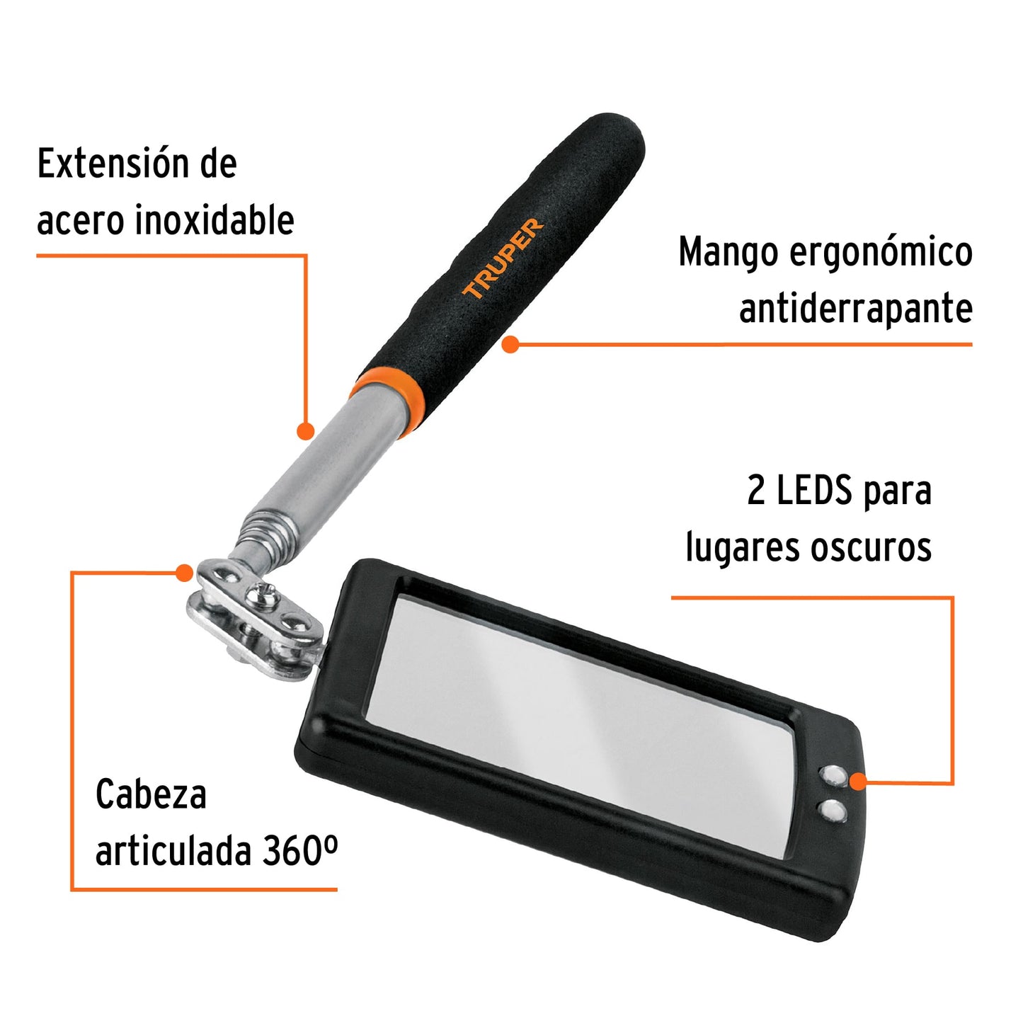 ESPEJO TELESCÒPICO CON LUZ LED, 5 X 8 CM, TRUPER 101962 P
