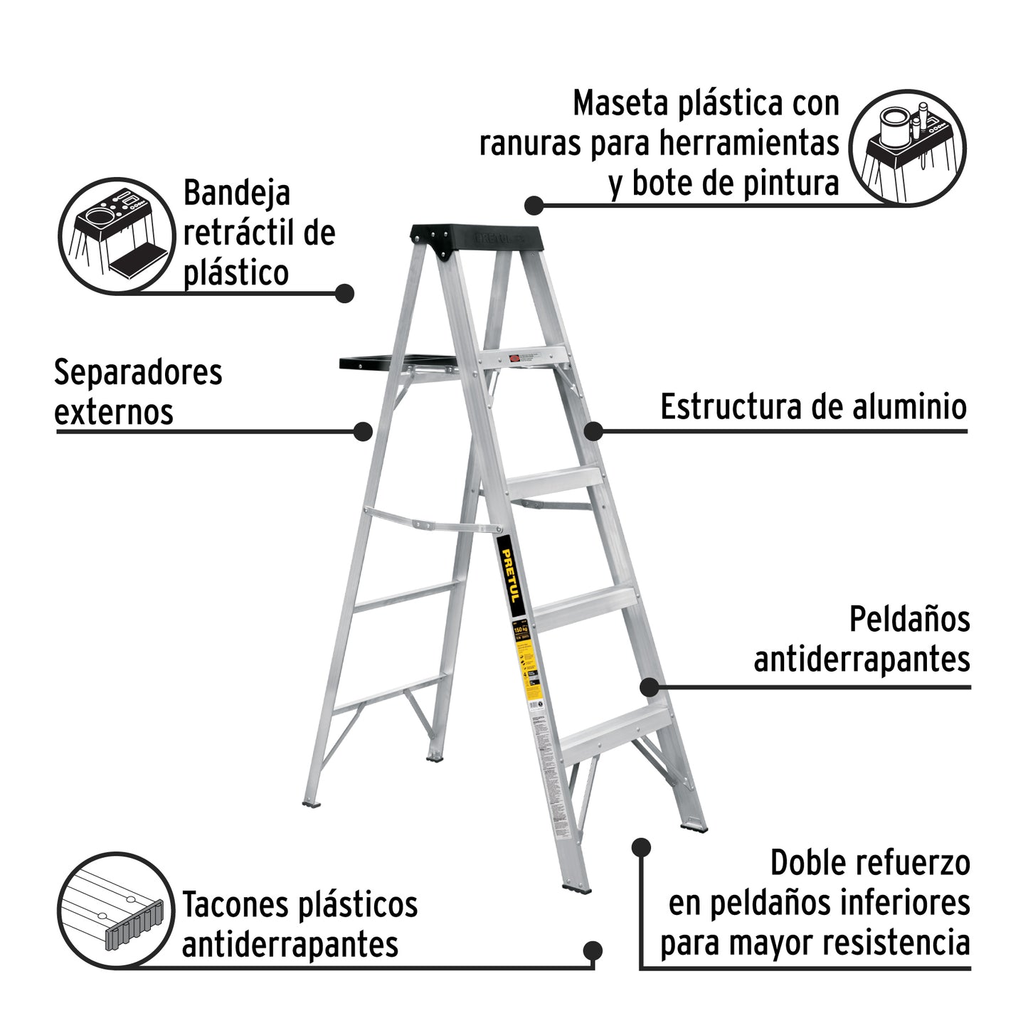 ESCALERA DE TIJERA TIPO lll 4 ESCALONES Y BANDEJA, PRETUL 20687 *
