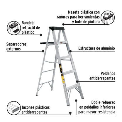 ESCALERA DE TIJERA TIPO lll 4 ESCALONES Y BANDEJA, PRETUL 20687 *
