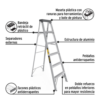ESCALERA DE TIJERA TIPO lll 5 ESCALONES Y BANDEJA, PRETUL 20688 *