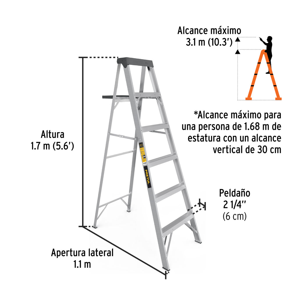ESCALERA DE TIJERA TIPO lll 5 ESCALONES Y BANDEJA, PRETUL 20688 *