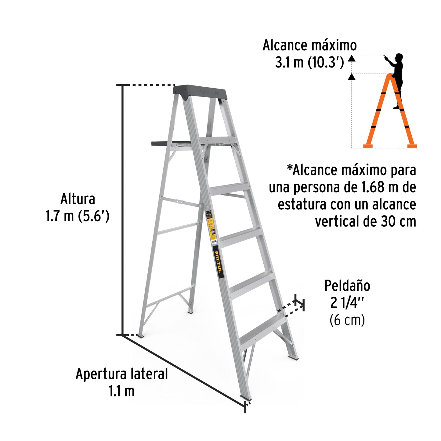 ESCALERA DE TIJERA TIPO lll 5 ESCALONES Y BANDEJA, PRETUL 20688 *