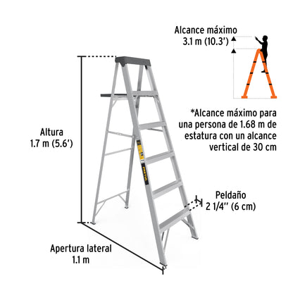 ESCALERA DE TIJERA TIPO lll 6 ESCALONES Y BANDEJA, PRETUL 20689 *