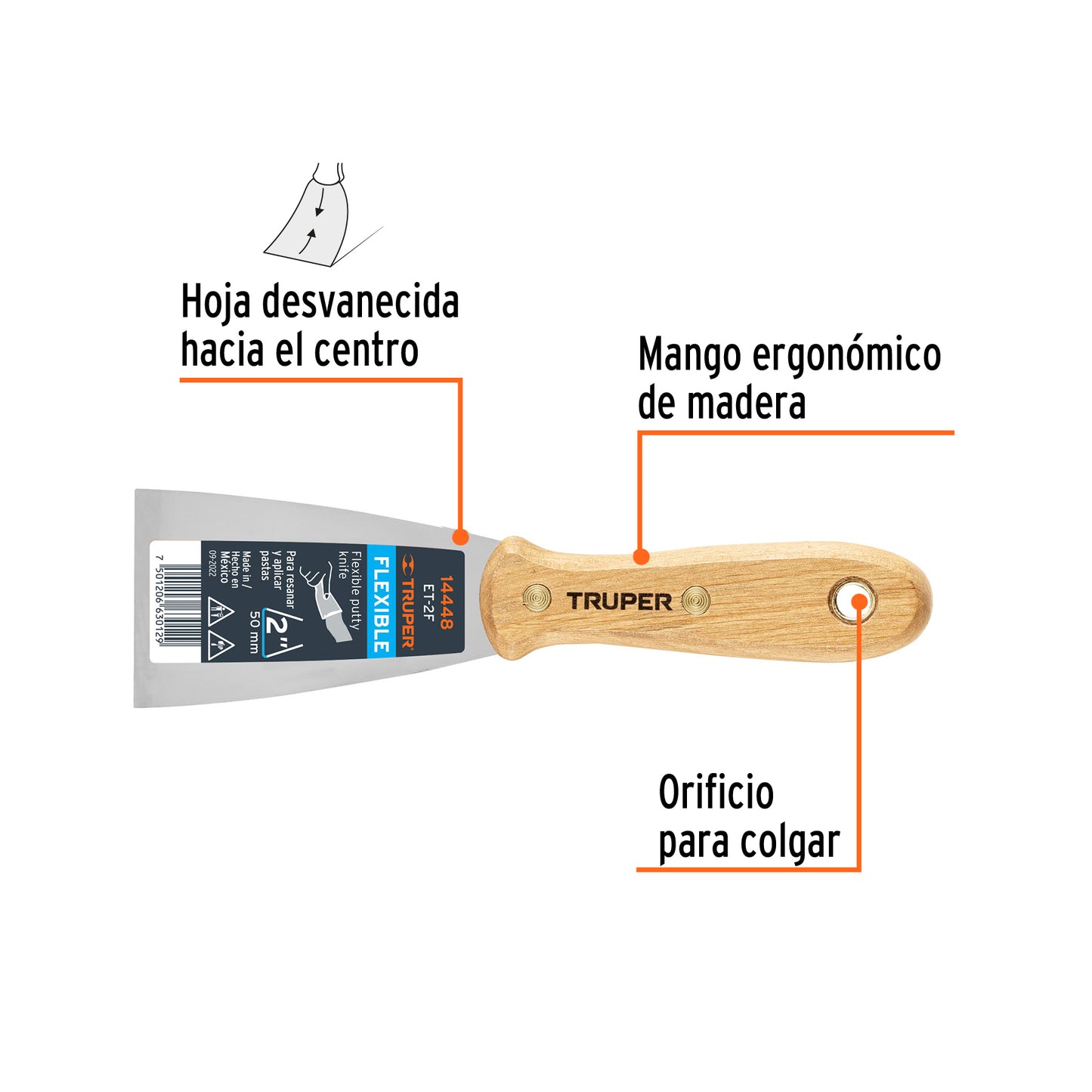 ESPÁTULA FLEXIBLE 2" CON MANGO DE MADERA, TRUPER 14448 *
