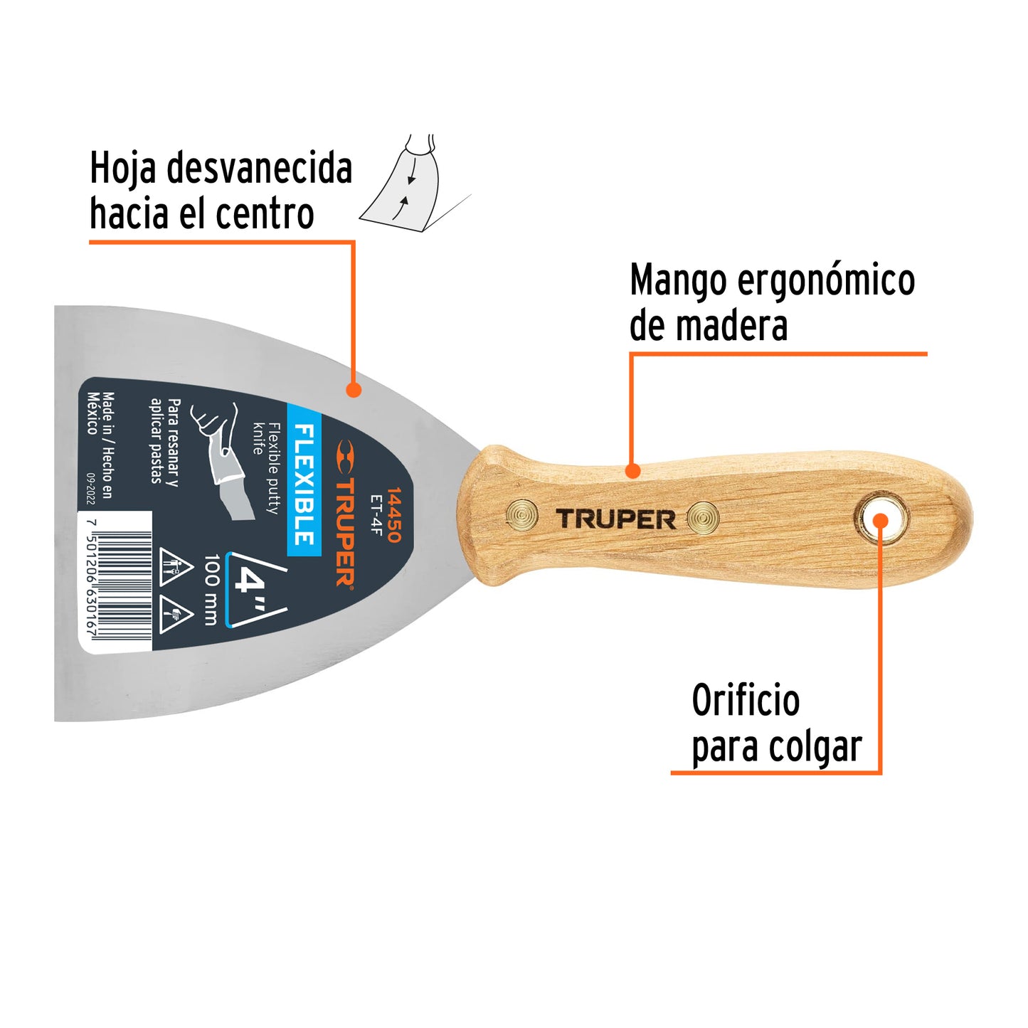 ESPÁTULA FLEXIBLE 4" CON MANGO DE MADERA, TRUPER 14450 *