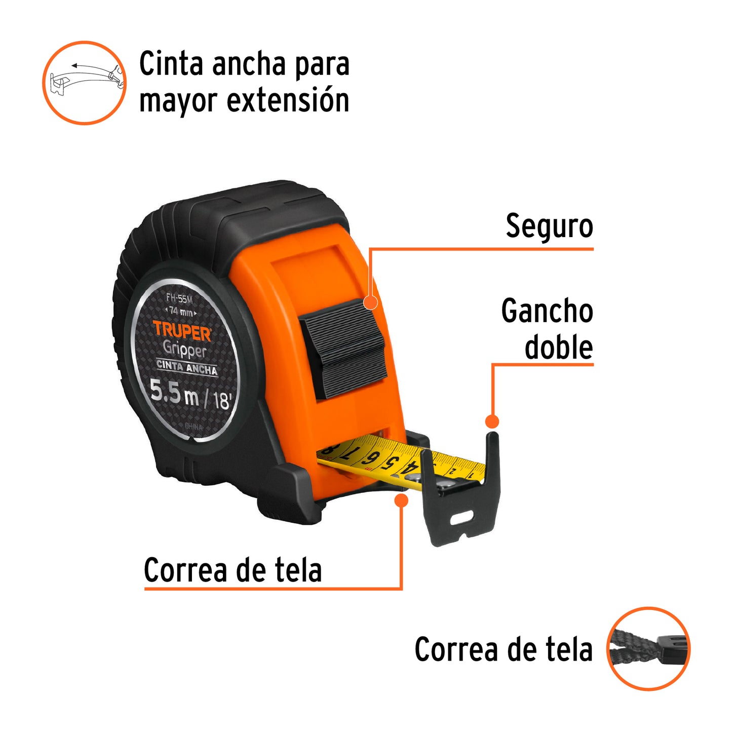 FLEXÓMETRO GRIPPER CONTRA IMPACTOS 5.5 M CINTA 25 MM, TRUPER 14613 *