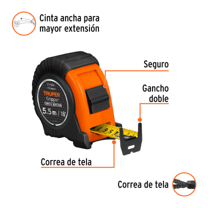 FLEXÓMETRO GRIPPER CONTRA IMPACTOS 5.5 M CINTA 25 MM, TRUPER 14613 *