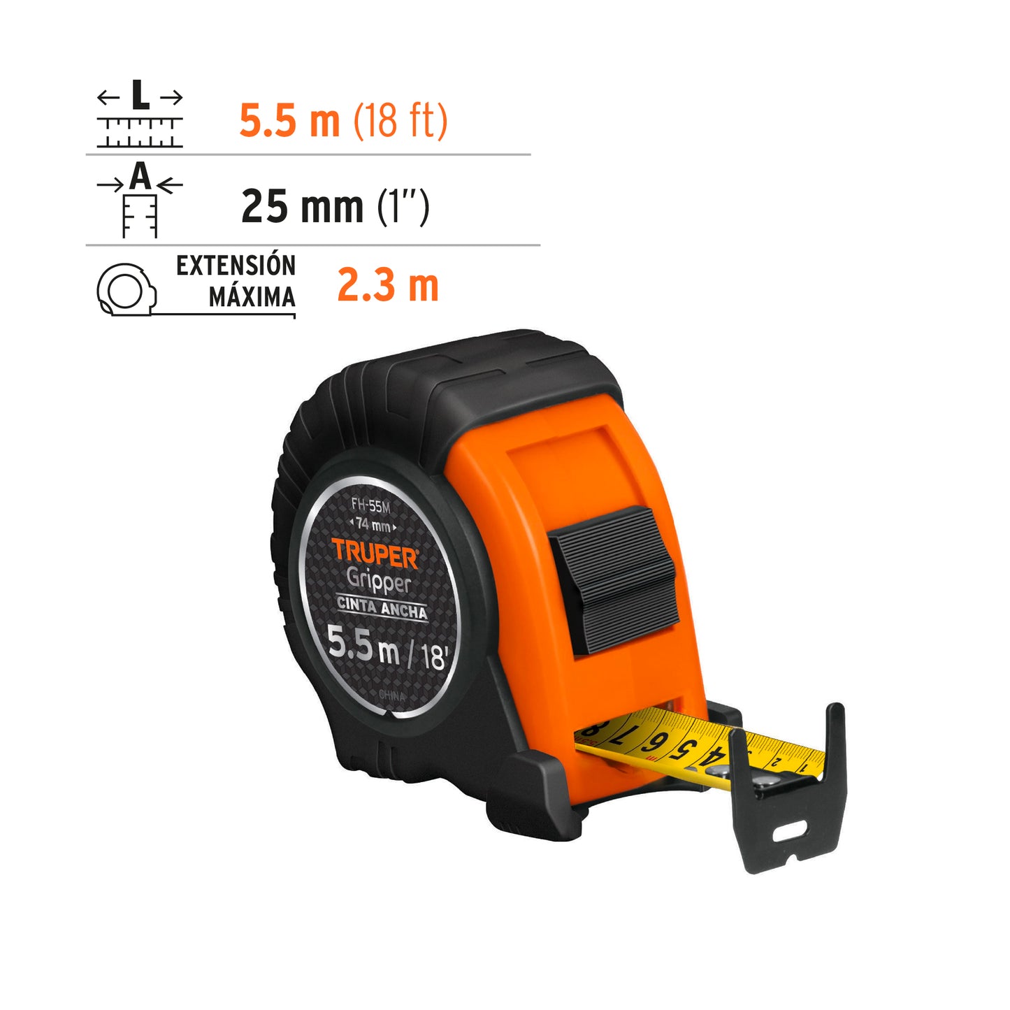 FLEXÓMETRO GRIPPER CONTRA IMPACTOS 5.5 M CINTA 25 MM, TRUPER 14613 *