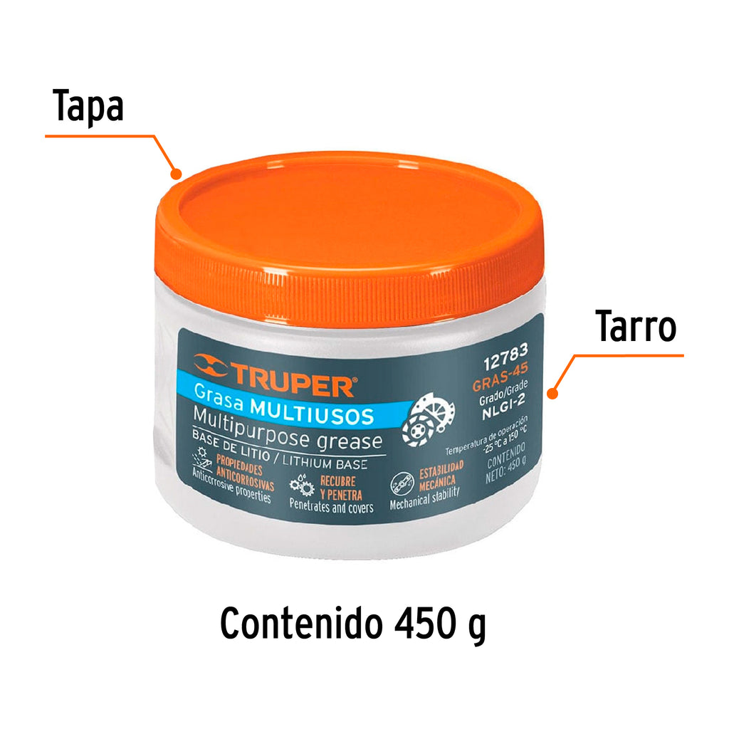 GRASA LUBRICANTE MULTIUSOS, BASE LITIO, 450 G, TRUPER 12783 *