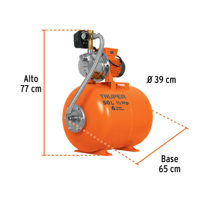 EQUIPO HIDRONEUMATICO 50L, BOMBA JET INOX. 1/2 HP, TRUPER 12554 P