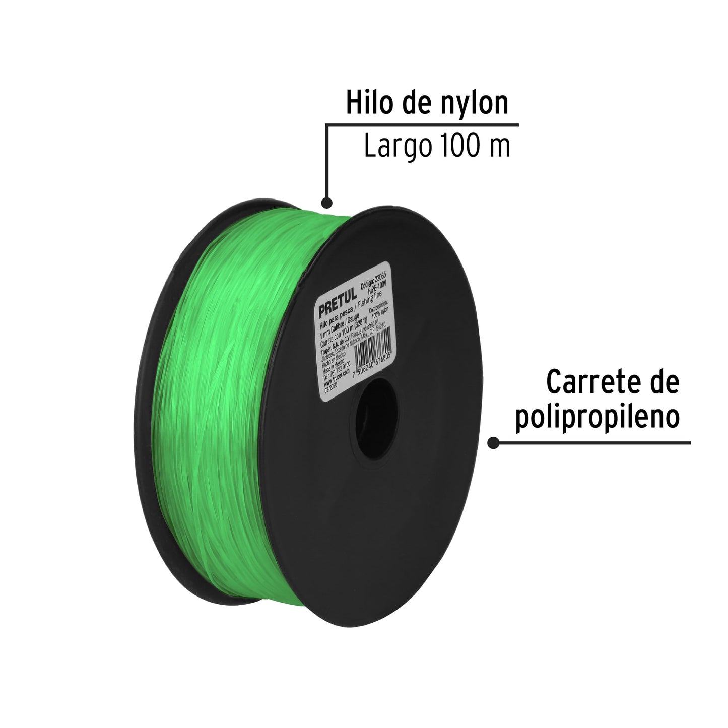 CARRETE CON 100 M DE HILO PARA PESCA VERDE CALIBRE 1.00 MM 22065 *