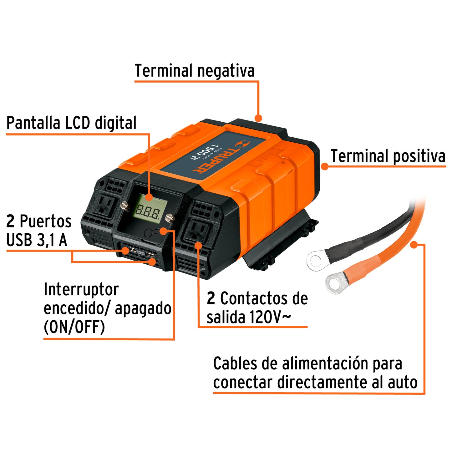 INVERSOR DE CORRIENTE DE 1500W CON PUERTOS USB TRUPER 10492 P