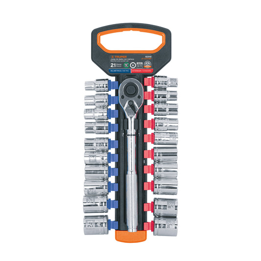 JUEGO DE DADOS MM Y STD CON MATRACA, CUADRO 1/2'', TRUPER 103110 P