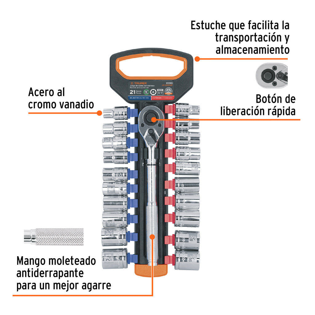 JUEGO DE DADOS MM Y STD CON MATRACA, CUADRO 1/2'', TRUPER 103110 P