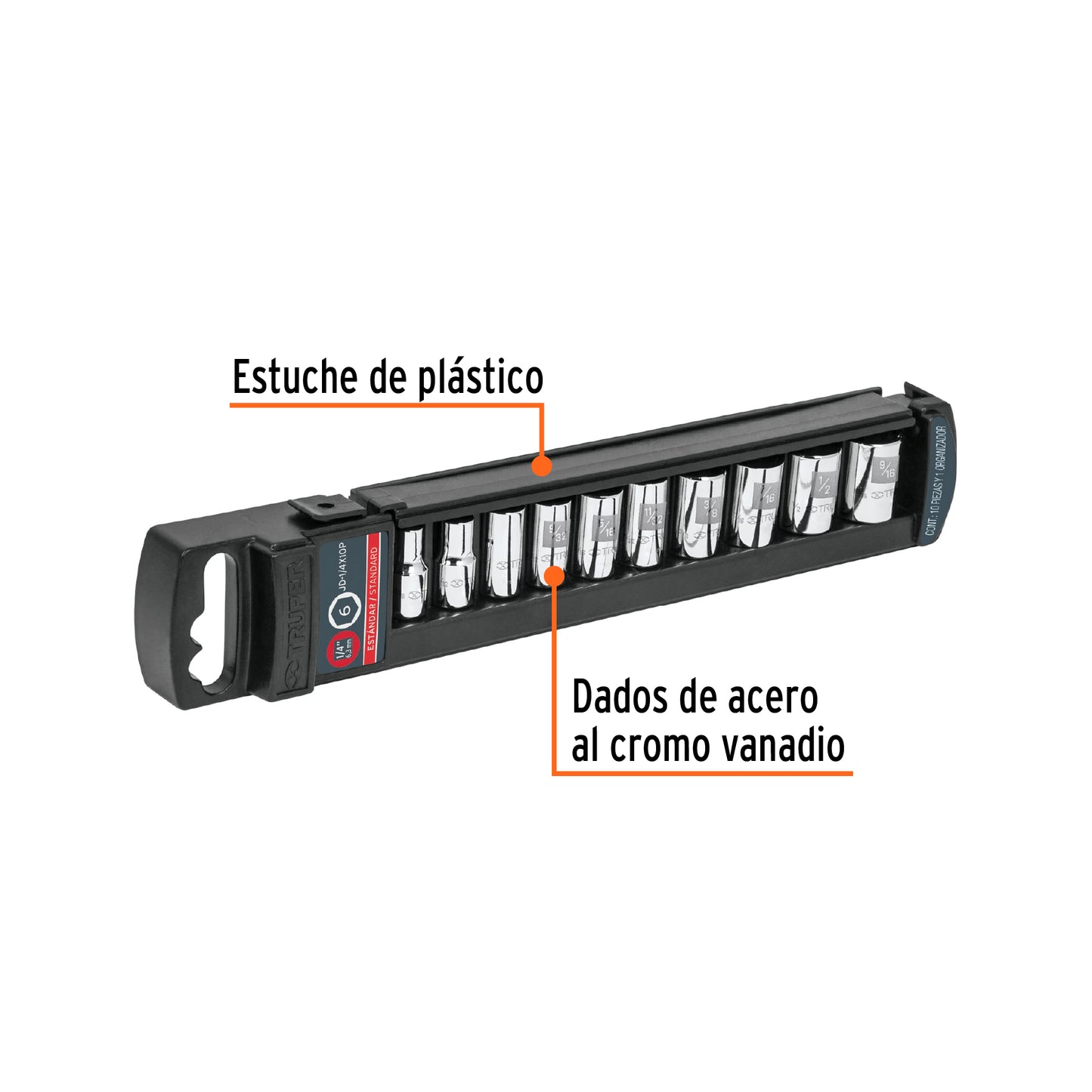 JUEGO DE 10 DADOS CUADRO 1/4'' STD, TRUPER 14165 *