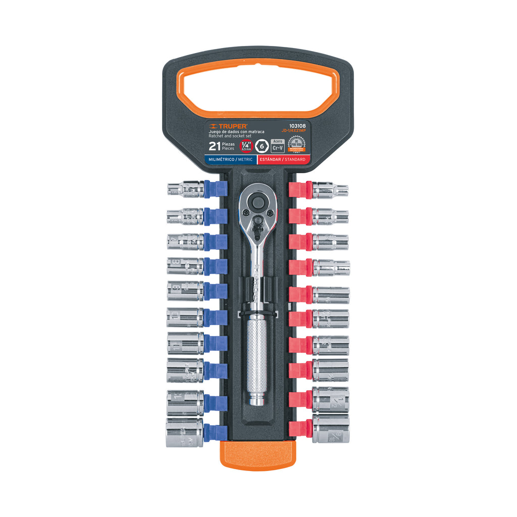 JUEGO DE DADOS MM Y STD CON MATRACA, CUADRO 1/4'', TRUPER 103108 *