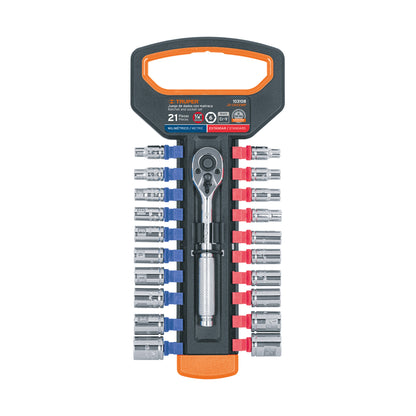 JUEGO DE DADOS MM Y STD CON MATRACA, CUADRO 1/4'', TRUPER 103108 *