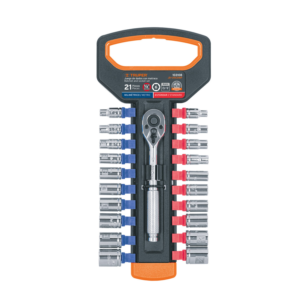 JUEGO DE DADOS MM Y STD CON MATRACA, CUADRO 1/4'', TRUPER 103108 *