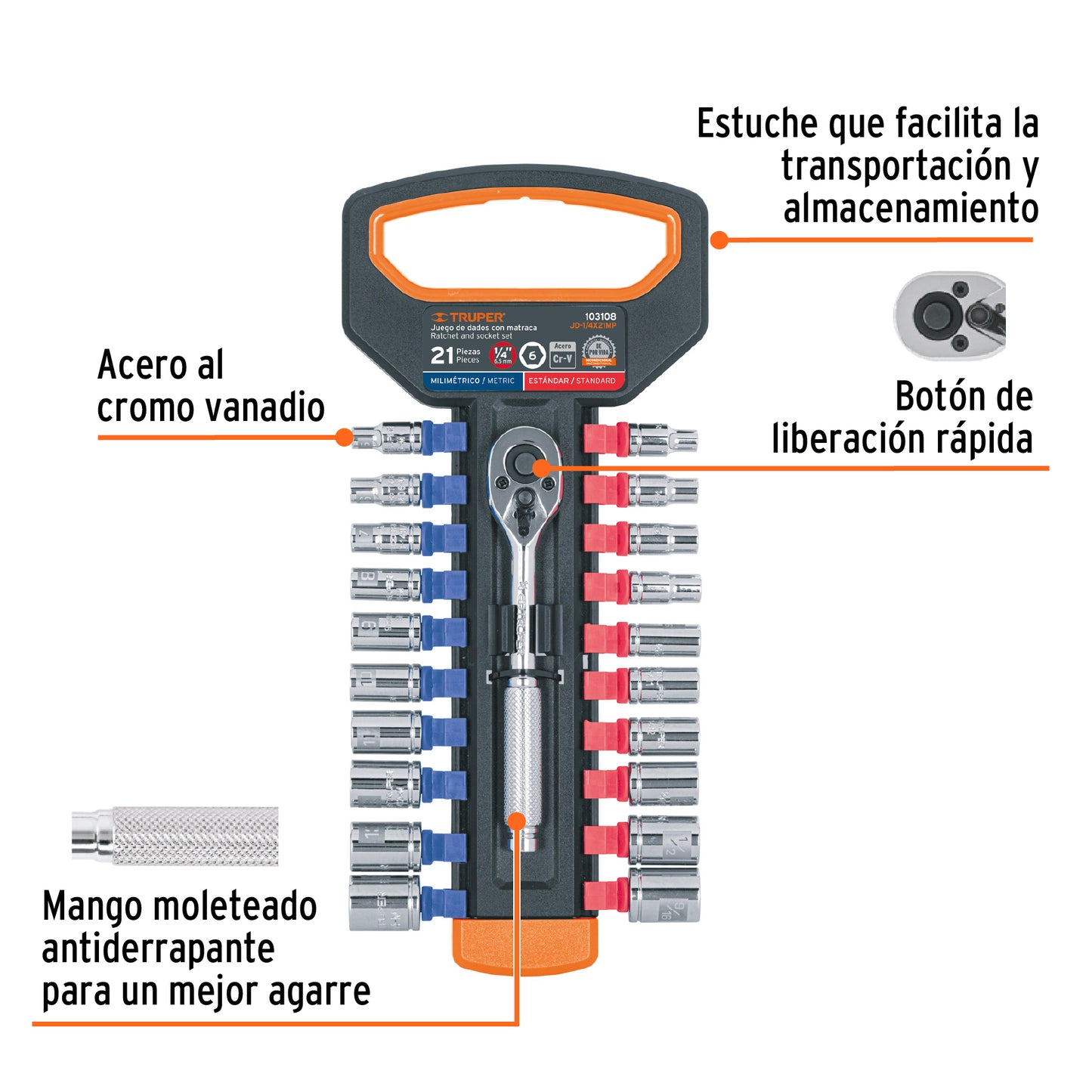 JUEGO DE DADOS MM Y STD CON MATRACA, CUADRO 1/4'', TRUPER 103108 *