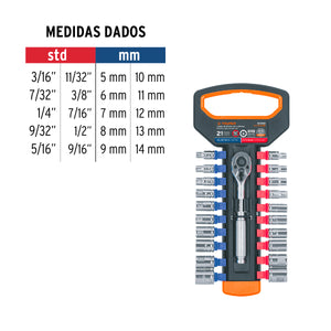 JUEGO DE DADOS MM Y STD CON MATRACA, CUADRO 1/4'', TRUPER 103108 *
