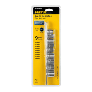 JUEGO DE 9 DADOS CUADRO 3/8" MM, PRETUL	21189 P