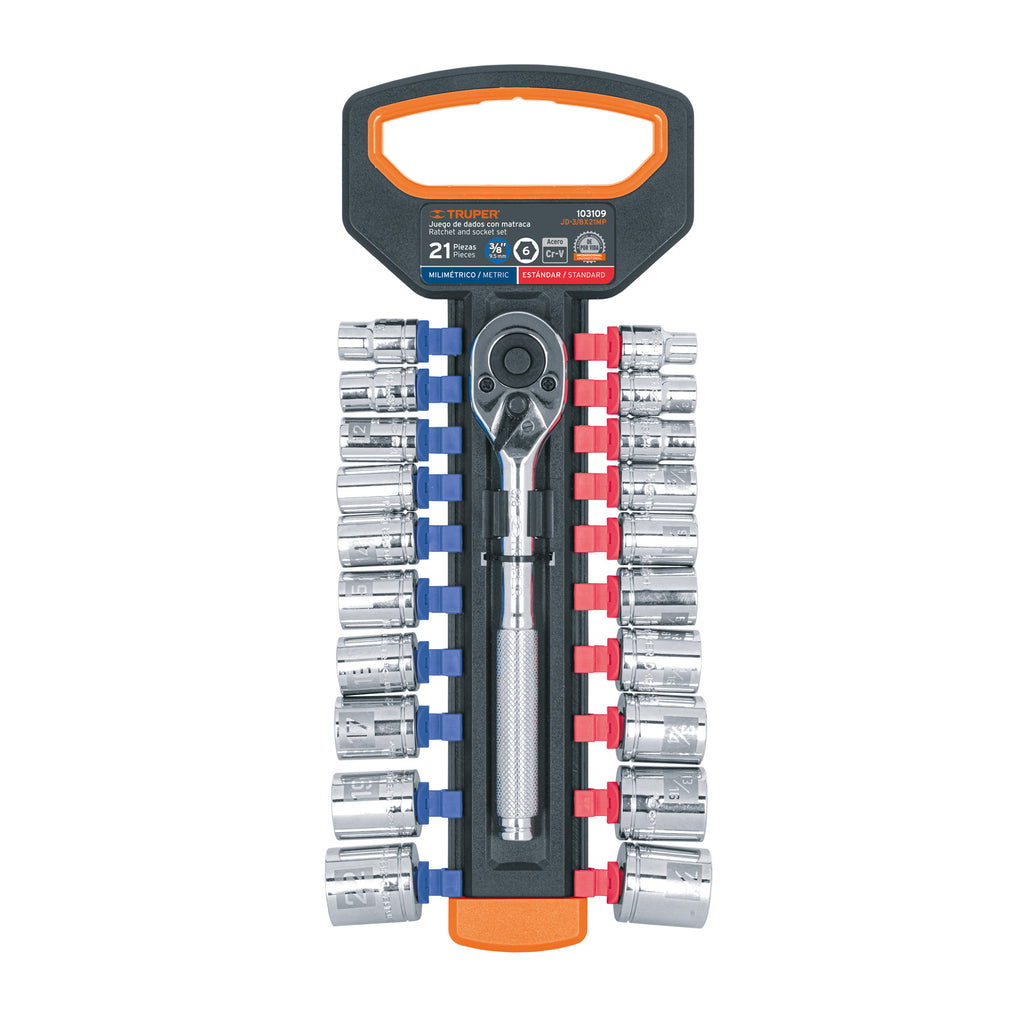 JUEGO DE DADOS MM Y STD CON MATRACA, CUADRO 3/8'', TRUPER 103109 P
