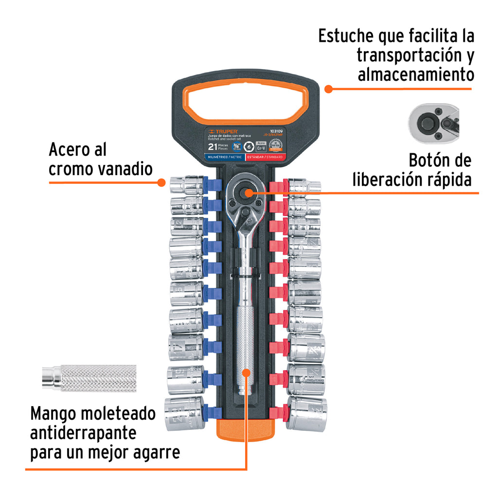 JUEGO DE DADOS MM Y STD CON MATRACA, CUADRO 3/8'', TRUPER 103109 P