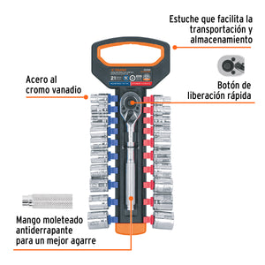 JUEGO DE DADOS MM Y STD CON MATRACA, CUADRO 3/8'', TRUPER 103109 P