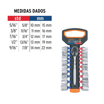 JUEGO DE DADOS MM Y STD CON MATRACA, CUADRO 3/8'', TRUPER 103109 P