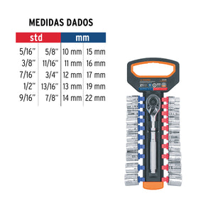 JUEGO DE DADOS MM Y STD CON MATRACA, CUADRO 3/8'', TRUPER 103109 P