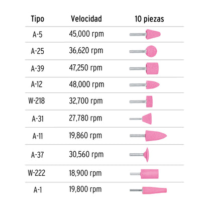 JUEGO DE 10 PIEDRAS MONTADAS ZANCO 1/4", USO GENERAL, TRUPER 12445 *