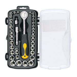 JUEGO DE 39 HERRAMIENTAS 1/4'' Y 3/8'' PARA MECÁNICO, PRETUL 23969 P