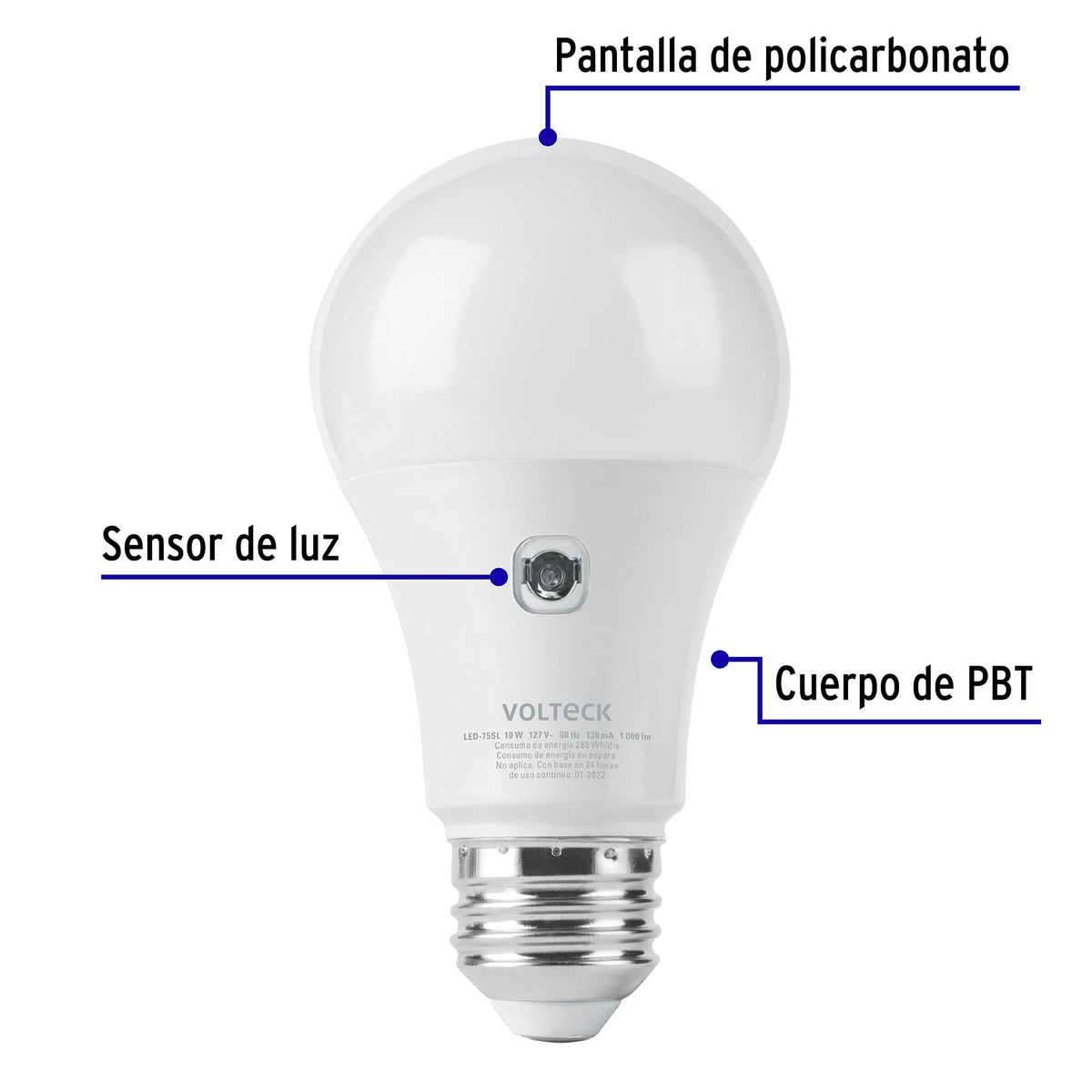LÁMPARA LED TIPO BULBO A19 10 W CON SENSOR DE LUZ, VOLTECK 46990 *