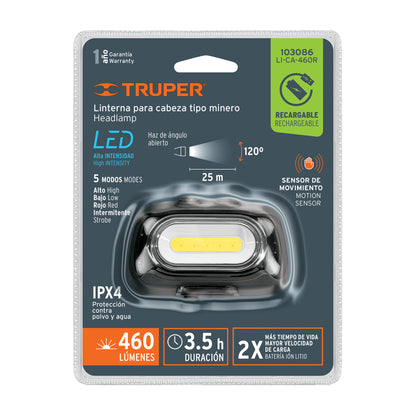 LINETRNA DE MINERO 460 LM RECARGABLE CON SENSOR, TRUPER 103086 *