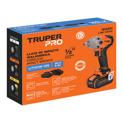 LLAVE IMPACTO INALAMBRICA 1/2'', 20V TRUPER PRO 103251 *