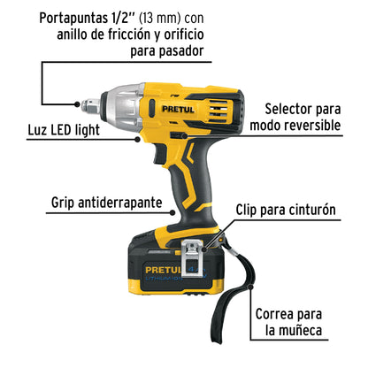 LLAVE DE IMPACTO INALÁMBRICA 1/2', 20 V, PRETUL 28268 *