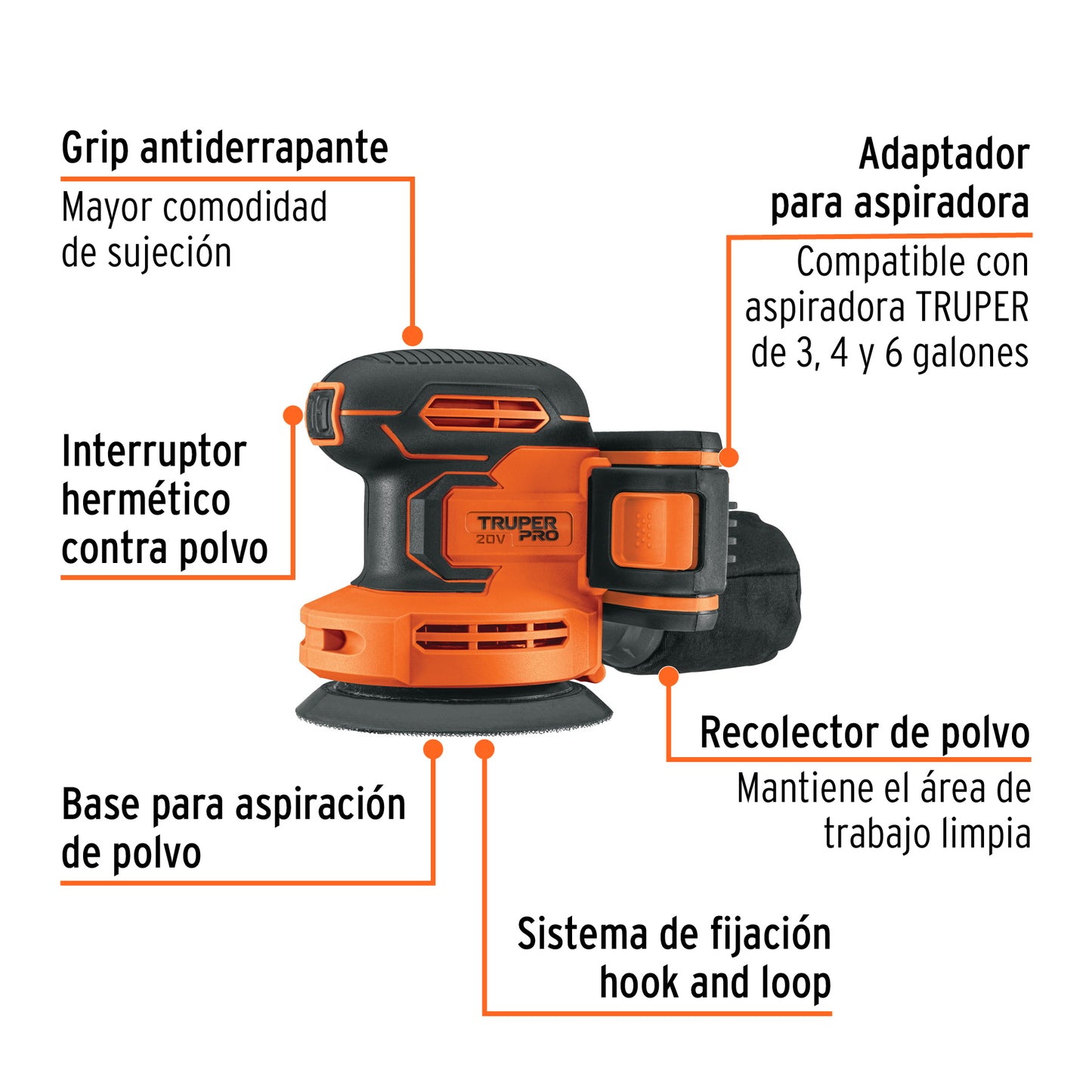 LIJADORA ROTO-ORTIBAL 5'' INALAMBRICA 20V TRUPER PRO 101863 P