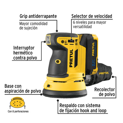 LIJADORA ROTO ORBITAL INALÁMBRICA 5', 20 V, PRETUL 28271 *