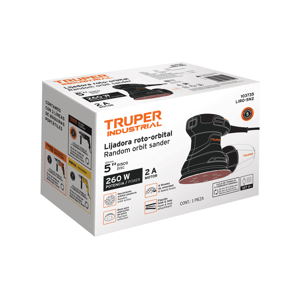 LIJADORA ROTO ORBITAL 5'', 260 W, TRUPER INDUSTRIAL 103735 *