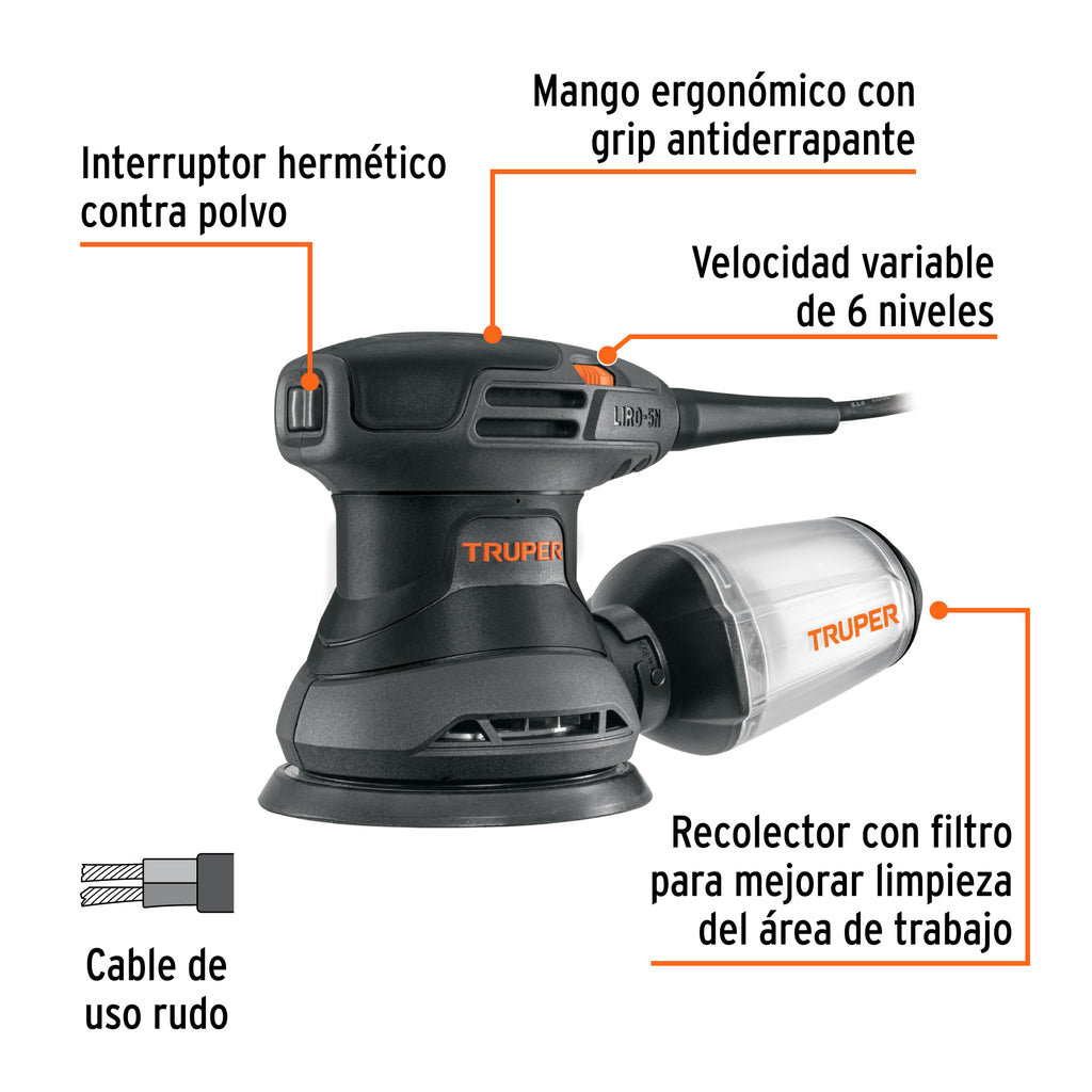 LIJADORA ROTO ORBITAL 5'', 260 W, TRUPER INDUSTRIAL 103735 *