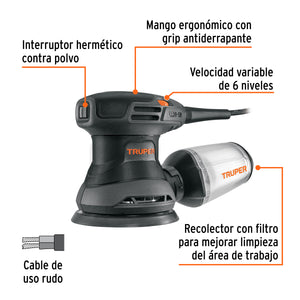 LIJADORA ROTO ORBITAL 5'', 260 W, TRUPER INDUSTRIAL 103735 *