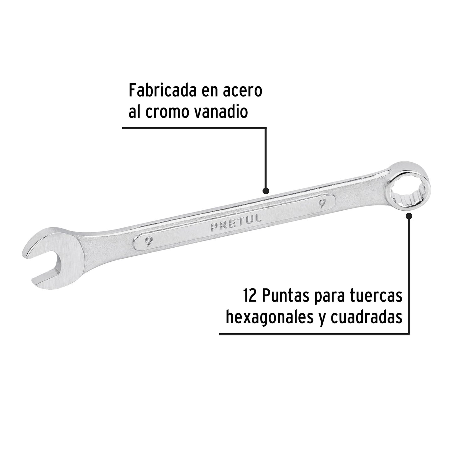 LLAVE COMBINADA 9 MM x 130 MM DE LARGO, PRETUL 21903 P