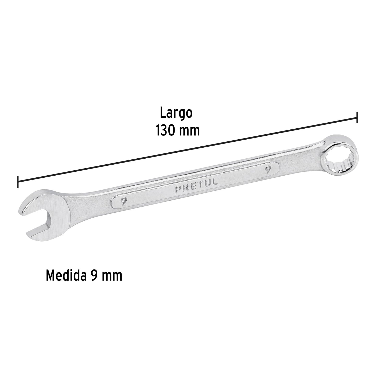 LLAVE COMBINADA 9 MM x 130 MM DE LARGO, PRETUL 21903 P