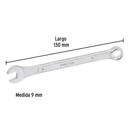 LLAVE COMBINADA 9 MM x 130 MM DE LARGO, PRETUL 21903 P