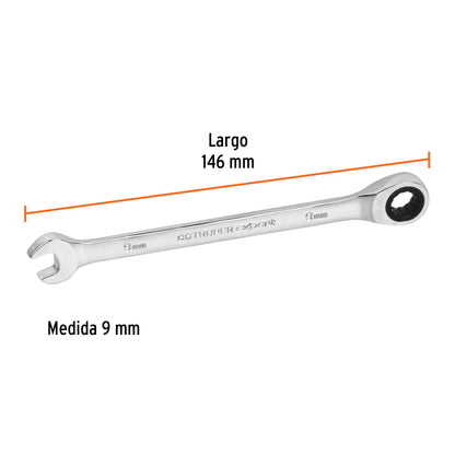 LLAVE COMBINADA CON MATRACA 9 MM X 146MM LARGO, 13619 *