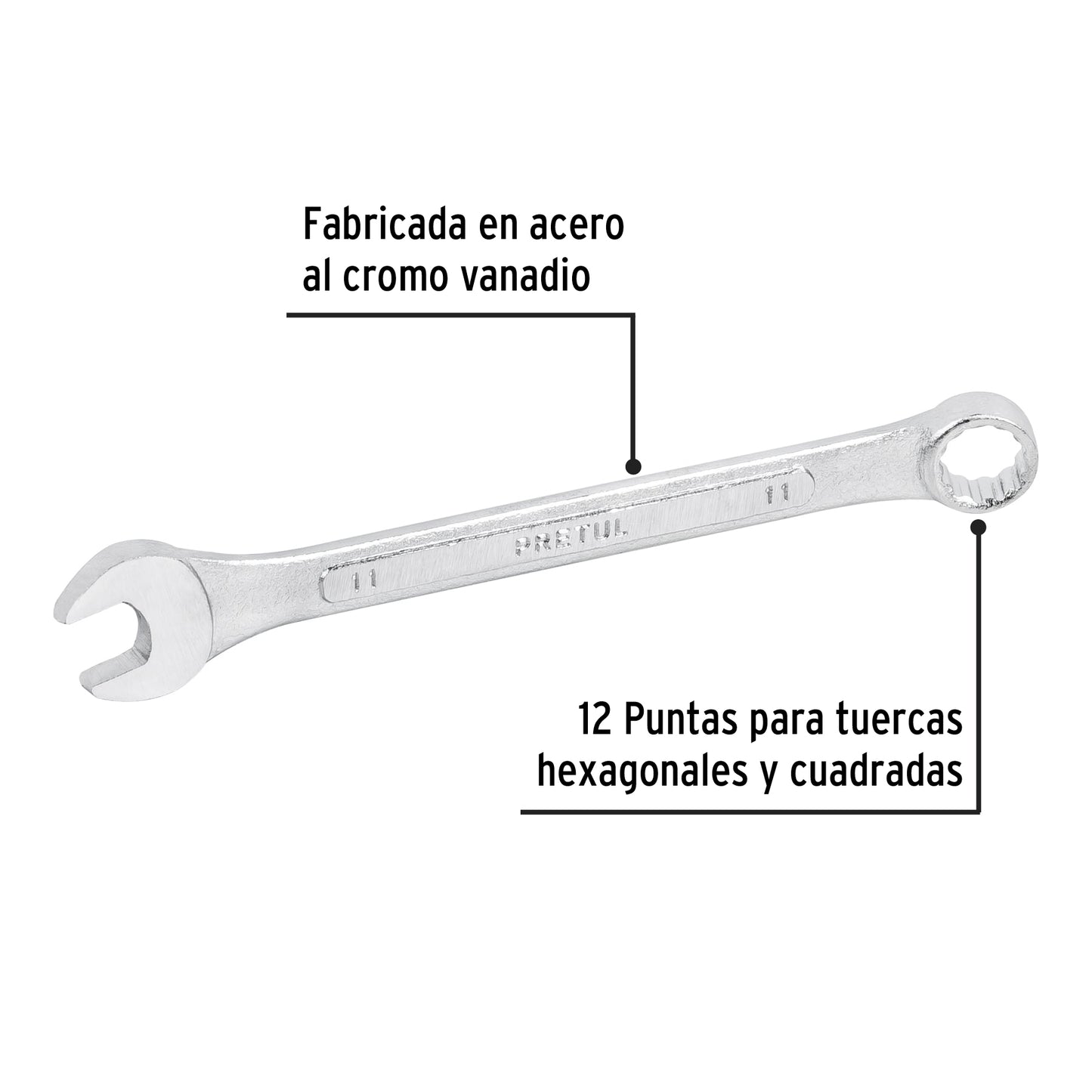 LLAVE COMBINADA 11 MM x 150MM DE LARGO, PRETUL 21905 P